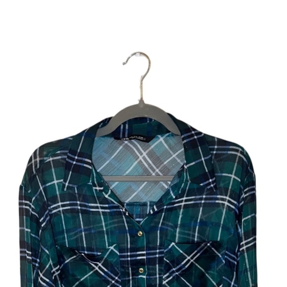 New Zara Sheer Metallic Threaded Green Plaid Cropped Blouse - Size L - Picture 4 of 15
